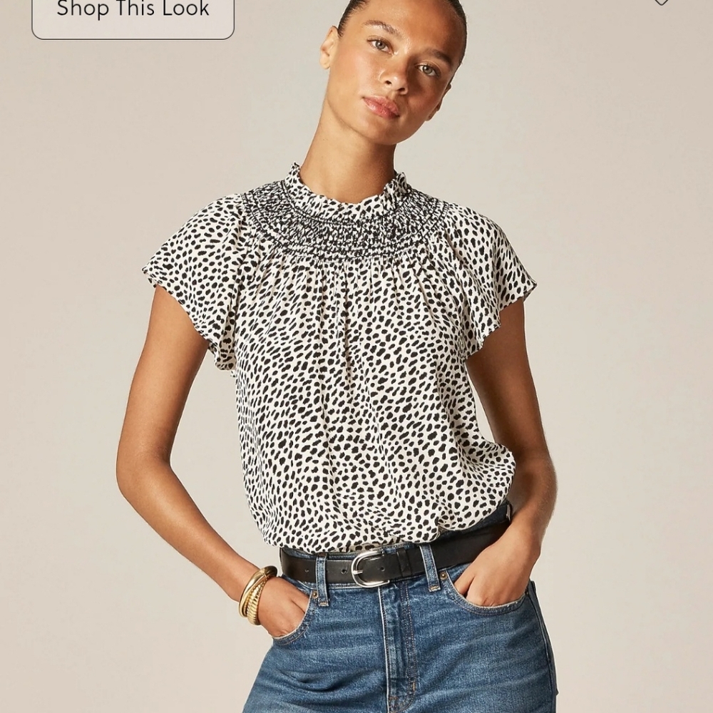 J. Crew Smocked High-neck Top In Animal Spot Print Crepe De Chine Shirt